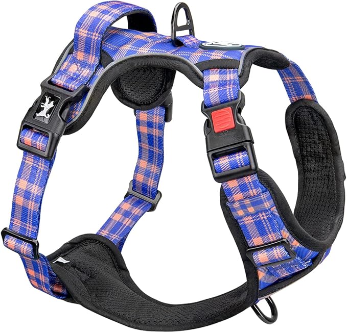PoyPet No Pull Dog Harness, Reflective Adjustable No Choke Pet Vest with Front & Back 2 Leash Attachments, Soft Control Training Handle for Small Medium Large Dogs(Checkered Blue & Orange,L)