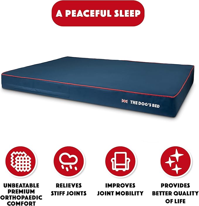 The Dog’s Bed Orthopedic Memory Foam Dog Bed XXXL Blue Oxford with Red Trim UK Flag, Pain Relief for Arthritis, Hip & Elbow Dysplasia, Post Surgery Supportive, Waterproof Washable, Veterinary Approved
