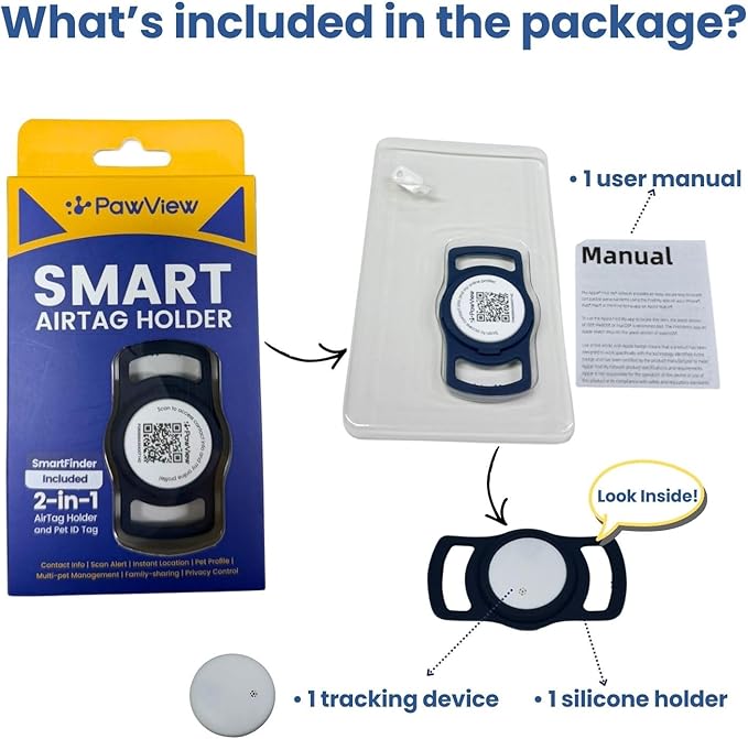 Smart Pet Tracker for Collar - Dog Trackers Location for Pet with Holder, No Monthly Fee, Real-Time Tracking, iOS Only, Emergency Contact, Long-Lasting, Anti-Lost Tracker for Cats, Bag Straps,Blue