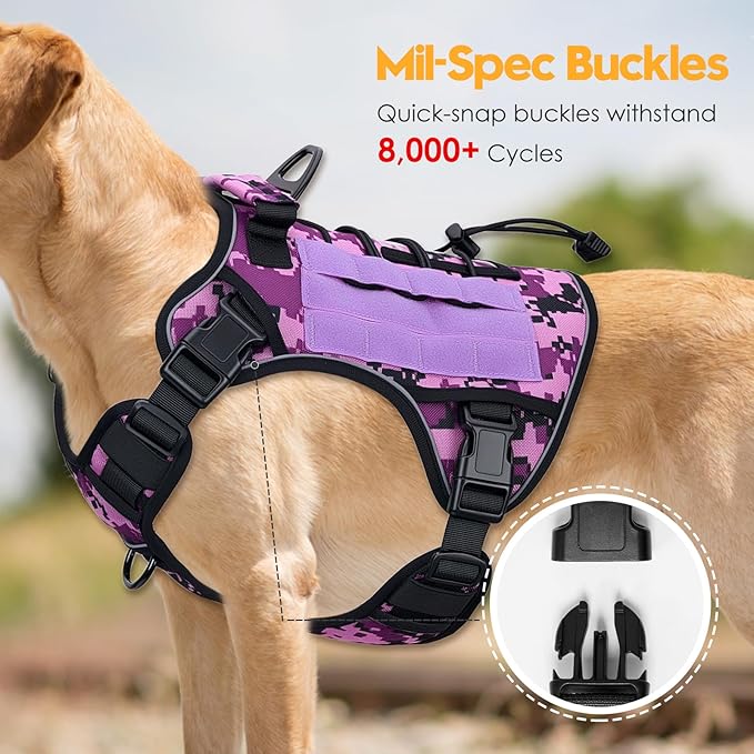 Heavy-Duty Tactical Dog Harness for Large Dogs, No Pull Adjustable Reflective Pet Vest with Molle System, K9 Military-Grade Control for Service Training, Outdoor & 10+ Breeds, Purple Camo, X-Large