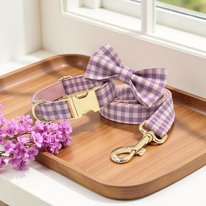 PETDURO Personalized Dog Collar Pink Purple Gingham Plaid for Large Medium Dogs | Engraved Name and Phone Number on Gold Metal Buckle for Girls | Add Leash & Bow Tie via Customize Now