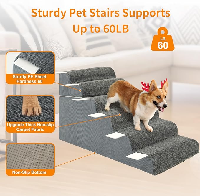 6-Steps Dog Stairs for High Bed and Couch, Wider Pet Stairs for Small Old Large Dogs Cats,30°Steady Non-Slip Dog Steps, Washable Dog Ramp with Removable Cover, PE Boards