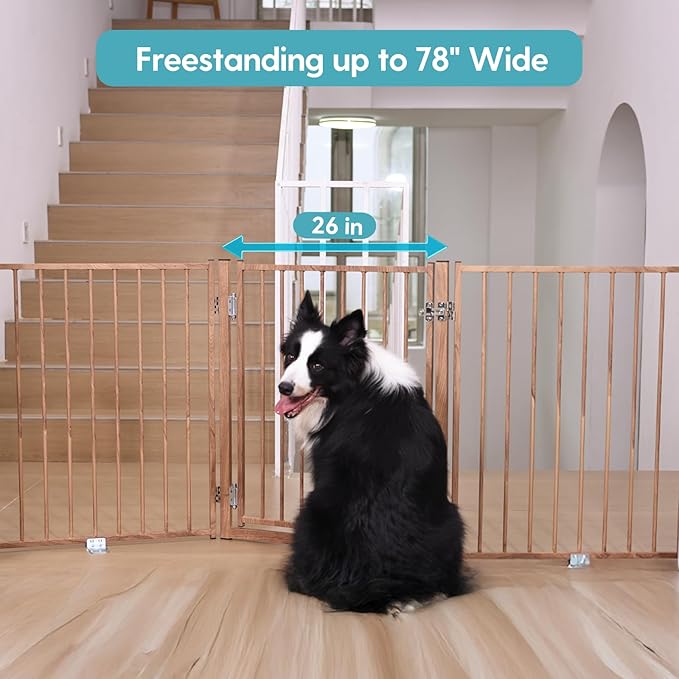 No Pawblems Free Standing Dog Gate with Door, 30'' Tall Foldable Dog Fence for Indoor & Outdoor, Up to 78 Inch Extra Wide Puppy Gate for Stairs, Hallways, Doorways, Deck, Yard (Wood Pattern, 3 Panels)