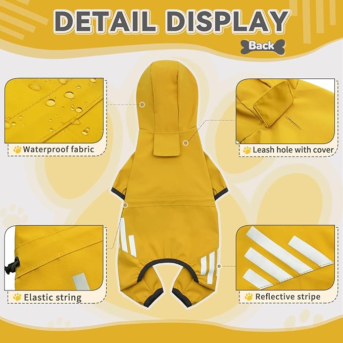 Dog Raincoat, Waterproof Dog Rain Jacket with Hood, Rain Coat with Leash Hole, Reflective Strap for Small Medium Dogs, Lightweight Puppy Clothes(Yellow,XS)