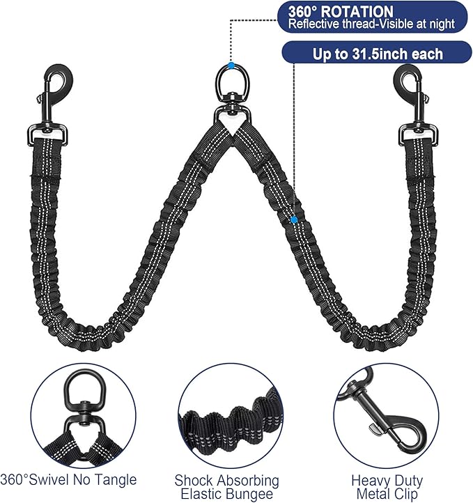 Dual Retractable Dog Leash for 2 Large Dogs (Up to 110LBS Each) - Double Headed Pet Leash with Poop Bags and LED Light, One Button Brake & Lock, 360 Tangle-Free (White, Large)