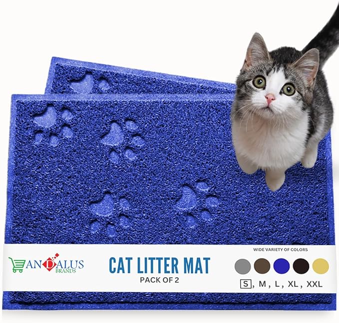 Andalus Small Cat Litter Mat, Pack of 2 - Waterproof, Non-Slip & Easy to Clean Cat Litter Box Mat for Extra Efficient Pet Litter-Trapping, Blue (15.75” X 11.75”)