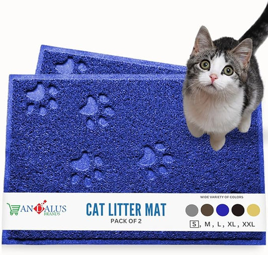 Andalus Small Cat Litter Mat, Pack of 2 - Waterproof, Non-Slip & Easy to Clean Cat Litter Box Mat for Extra Efficient Pet Litter-Trapping, Blue (15.75” X 11.75”)