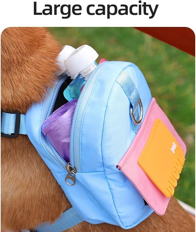 Dog Backpack Strap Leash,Dog Harness with Poop Bag Dispenser,Adjustable and Waterproof,Dog Hiking Backpack,Suitable for Travel and Daily Walks (Blue, M)