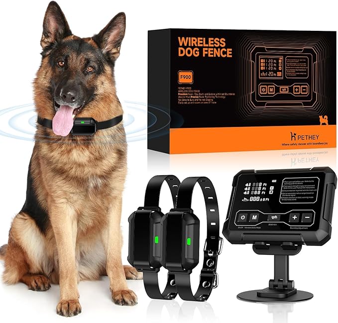 Wireless Dog Fence System, Indoor & Outdoor, 1 Acre High-Precision Radar Wireless Dog Fence System, Real-time Monitoring, 9-26in Medium & Large Breeds, Not Limited by GPS Signal (for Two Dogs)