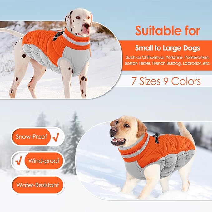 AOFITEE Dog Coat, Warm Dog Jacket, Reflective Winter Coats for Medium Dogs, Turtleneck Dogs Winter Jacket with Harness Built in, Waterproof Windproof Pet Fleece Vest Puffer Jacket, Orange M