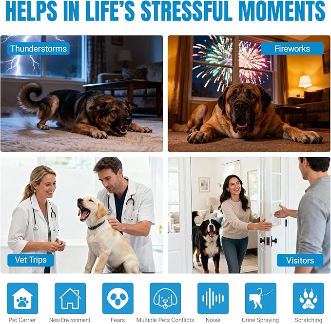 Dog Calming Diffuser with Pheromones for Anxiety Relief, Reduces Barking & Stress, Natural Formula, Safe for Puppies & Adult Dogs, 60 Day Long Lasting 1 Diffuser 2 Refill