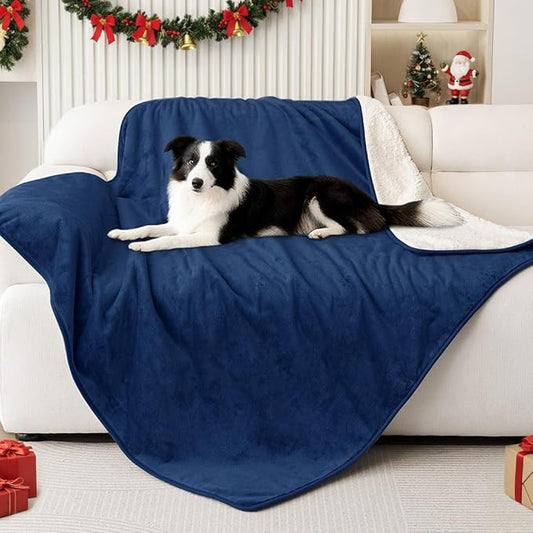 Smiry Waterproof Dog Bed Blanket, Leakproof Pet Throw Blanket for Bed Couch Sofa, Reversible Sherpa Fleece Furniture Protector Cover for Small Medium Large Dogs Cats (Navy Blue, 50x60 inches)