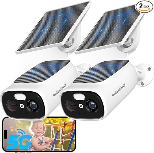 2pc 2.4G/5G WiFi Cameras for Home Security with Double Solar Panels,2K Solar Security Cameras Wireless Outdoor, Color Night Vision,2-Way Talk,Spotlight, Siren,IP66, Cloud/SD, AI Detection, W/Alexa
