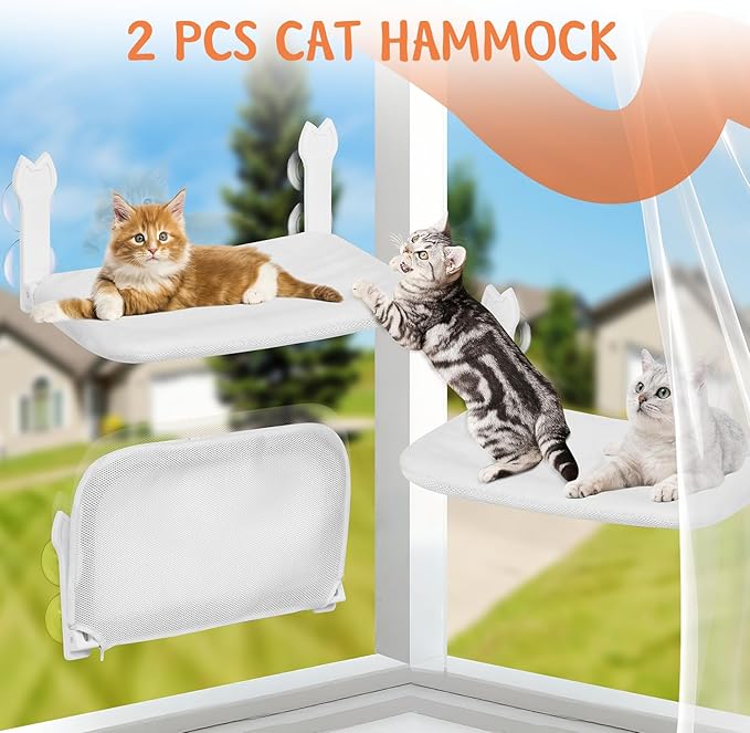 2 Pack Cat Window Perch,Cat Window Hammock Cordless Foldable Window Bed with 4 Large Strong Suction Cup,Reversible Cushion Cover,Metal Frame Easy to Adjust Window Seat Holds up to 40lbs(White，M)