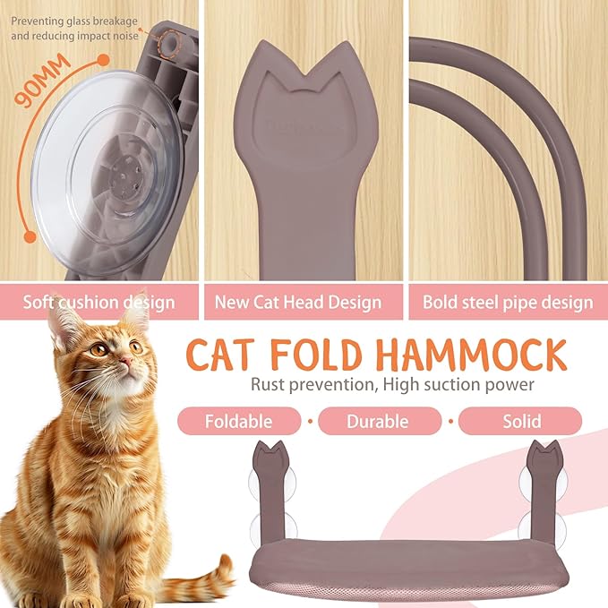 2 Pack Cat Window Perch,Cat Window Hammock Cordless Foldable Window Bed with 4 Large Strong Suction Cup,Reversible Cushion Cover,Metal Frame Easy to Adjust Window Seat Holds up to 40lbs(Brown，M)