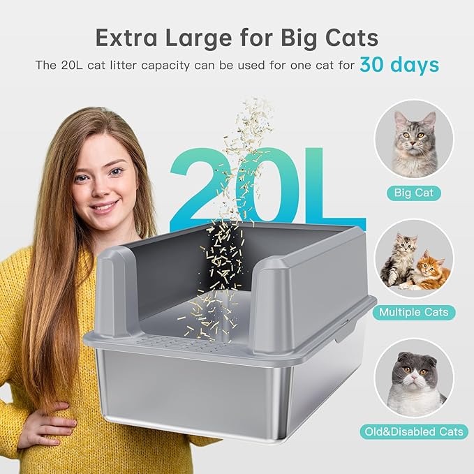 Enclosed Stainless Steel Cat Litter Box with Lid, XL Extra Large Litter Box for Big Cats, Metal Litter Pan High Sided, Never Absorbs Odors, Anti-Urine Leakage, Include Scoop (SH-Light Gray)