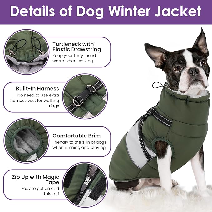 SUNFURA Dog Coat, XXL Dog Jacket Winter with Harness Built in, Waterproof Pet Snow Jacket with Furry Collar for Chilly Day, Reflective Fleece Snowsuit for Extra Large Dogs, Army Green 2XL