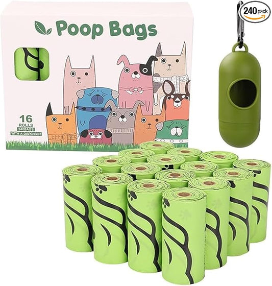 240 Dog Poop Bags | Certified Compostable| Eco-friendly Pet Waste Bags with Dispenser |16 Rolls of Plant Based, Extra-thick, leak-proof and odor-proof Bags | Good for Dogs, Cat's Litter, Kid's Diapers