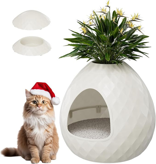 Egg-Shaped Hidden Cat Litter Box Enclosure, Secret Small Plant Litter Box Furniture with Two Interchangeable Top, Easy Assembly, for Living Room Corner White