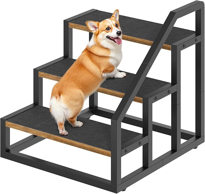 Dog Stairs for Small Dogs, 3-Steps Dog Steps for High Beds and Couch, 20.5”H Pet Steps with Non-Slip, Rustic Brown and Black LT11BR