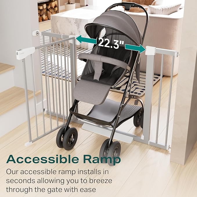 Cumbor 29.7-46" Baby Gate for Stairs, Gifts for Mom-Auto Close Dog Gate for The House, Easy Install Pressure Mounted Pet Gates for Doorways, Easy Walk Thru Wide Safety Gate for Dog, Gray