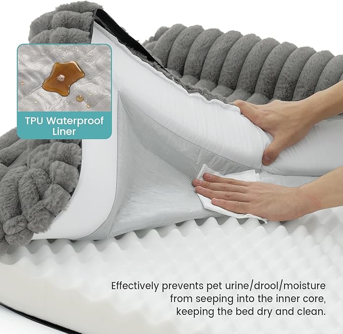 Cute Dog Bed, Faux Rabbit Fur Orthopedic Foam Dog Bed with Sides, Removable Washable Cover & Waterproof Lining, Comfortable Pet Couch for Large Dogs, Grey (44" L x 32" W x 7" Th)