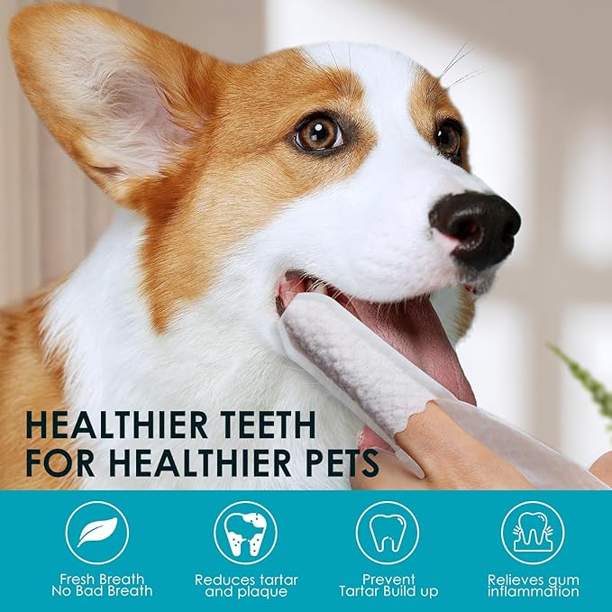 Pet Finger Wipes for Dogs & Cats, Gentle Dental Cleaning Wipes, Dog Finger Toothbrush Wipes, Helps Remove Plaque & Tartar, Fresh Breath Care (50 PCS)