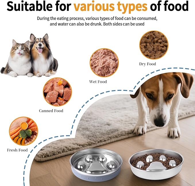 Slow Feeder Dog Bowl - 2-in-1 Stainless Steel Pet Bowl (8.27"x1.57", 33.8oz) with Non-Slip Base - Reversible Paw Design for Small/Medium/Large Dogs - Helps Slow Fast Eating for Dry & Wet Food