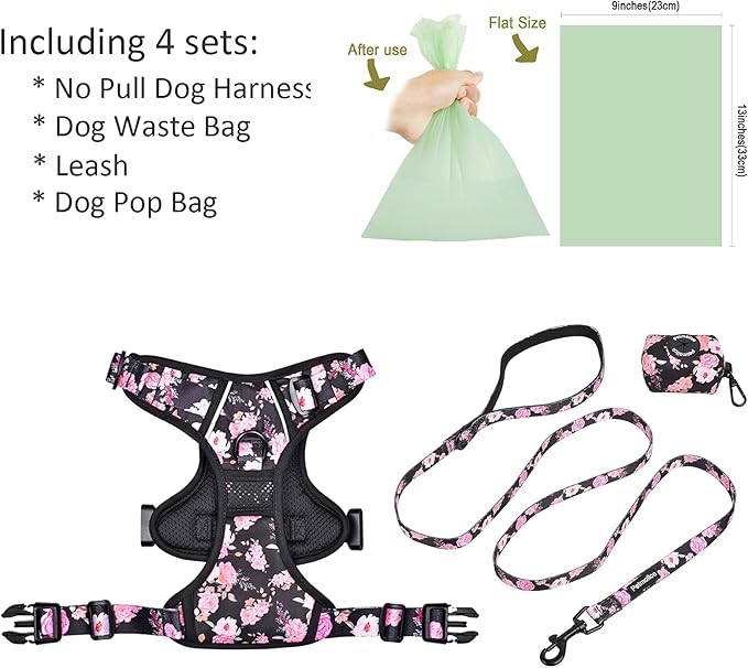 Petmolico No Pull Dog Harness Set with Leash Attachment Easy Control Handle Reflective Harness Vest Small Breed, Puppy Vest and Leash Set with Poop Bag Holder, XL - Pink Rose