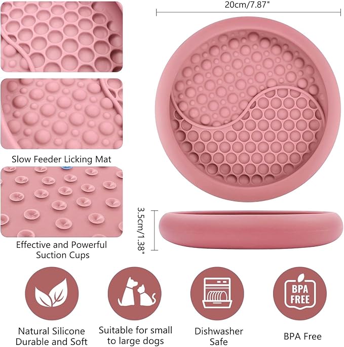 Dog Lick Bowl, Non-Slip Dog Slow Feeder Licking Mat Treat Dispenser, Interactive and Enrichment Toys, Boredom & Anxiety Reducer, BPA Free Silicone (Pink, Large)