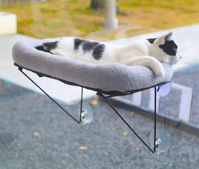 Zakkart Cat Window Perch - 100% Metal Supported from Below - Comes with Warm Spacious Pet Bed - Cat Window Hammock for Large Cats & Kittens - for Sunbathing, Napping & Overlooking (Grey)