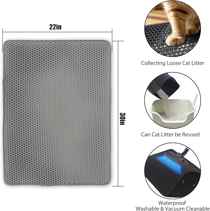 Cat Litter Box Mat Double Layer Trapping Mat Easy-Clean Waterproof Urine Proof(Gray 30x22in)