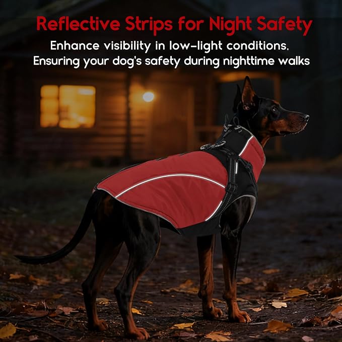 ASENKU Reflective Dog Coat with Built-in Harness, Windproof Fleece-Lined Dog Jacket for Small, Medium, Large Dogs, Warm Winter Vest with Turtleneck & Zipper (Red M)