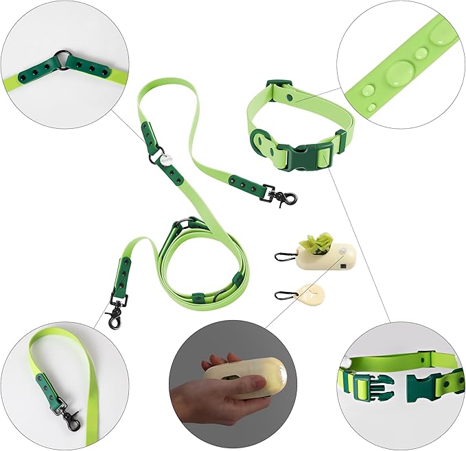 WLK1005B-5SET Luna Medium 8FT Adjustable 6-in-1 Waterproof Hands-Free Leash and Collar with LED Flashlight, Bag Dispenser, and Poop Bag Holder, Mojito