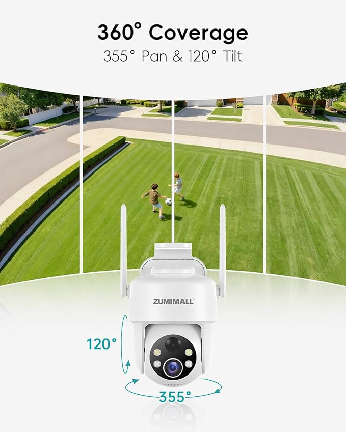 ZUMIMALL 2K Solar Security Cameras Wireless Outdoor | 360° Cameras for Home Security | 2.4G WiFi, AI Detection, Color Night Vision, 2-Way Talk, SD/Cloud Storage, 2 Methods Installation, Support Alexa
