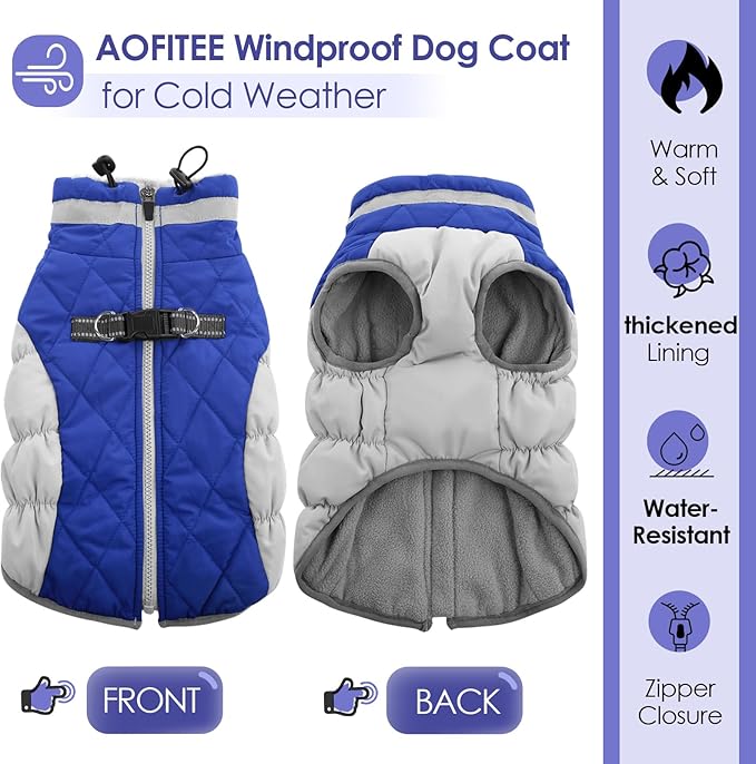 AOFITEE Dog Coat, Warm Dog Winter Coat for Large Dogs, Reflective Turtleneck Dogs Jacket with Harness Built in, Waterproof Windproof Pet Puffer Jacket Fleece Vest for Cold Weather, Blue XXXL
