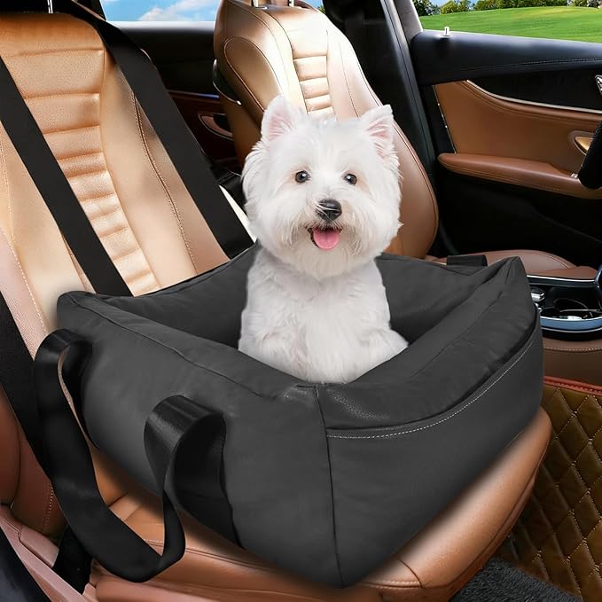 Dog Car Seat for Small Dogs, Large Leather Dog Car Bed with Storage Pocket, Waterproof PVC Leather Booster Seat Travel Bed for Front & Back Seat, Clip-On Safety Leash (Black)