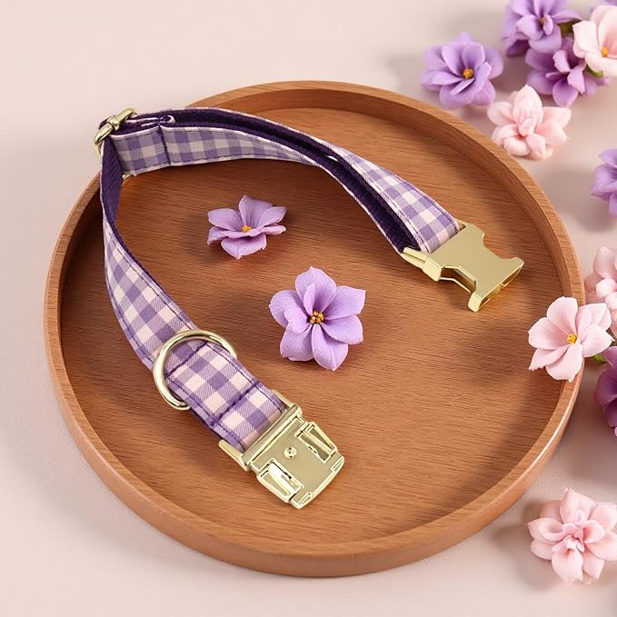 PETDURO Personalized Dog Collar Purple Gingham Plaid for Large Medium Dogs | Engraved Name and Phone Number on Gold Metal Buckle for Girls | Add Leash & Bow Tie via Customize Now