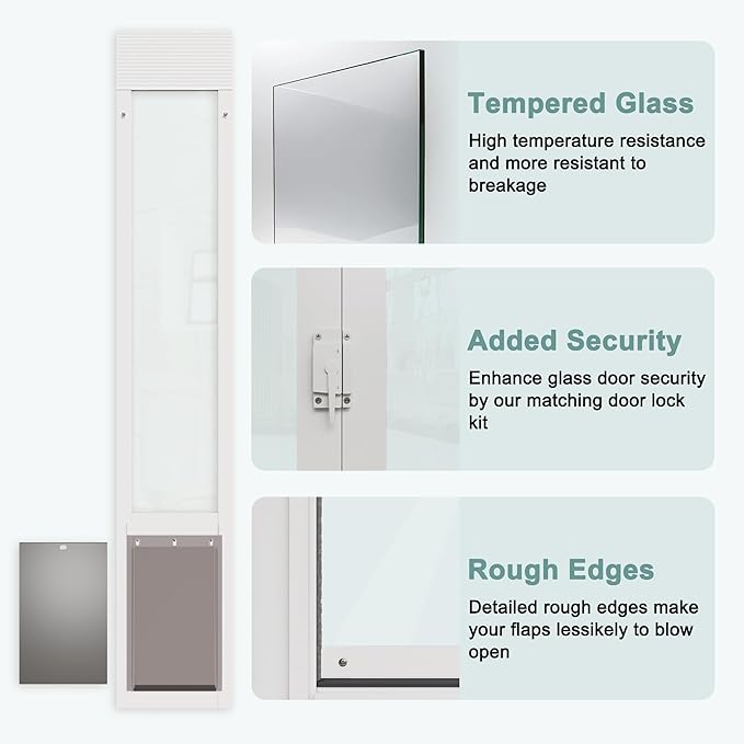 Dog Door for Sliding Glass Doors, Adjustable Height 76 1/8"-80 7/8" Aluminum Frame Tempered Sliding Door Dog Doors Insert with Lock, 10" x 15" Flap Size for Large Dogs