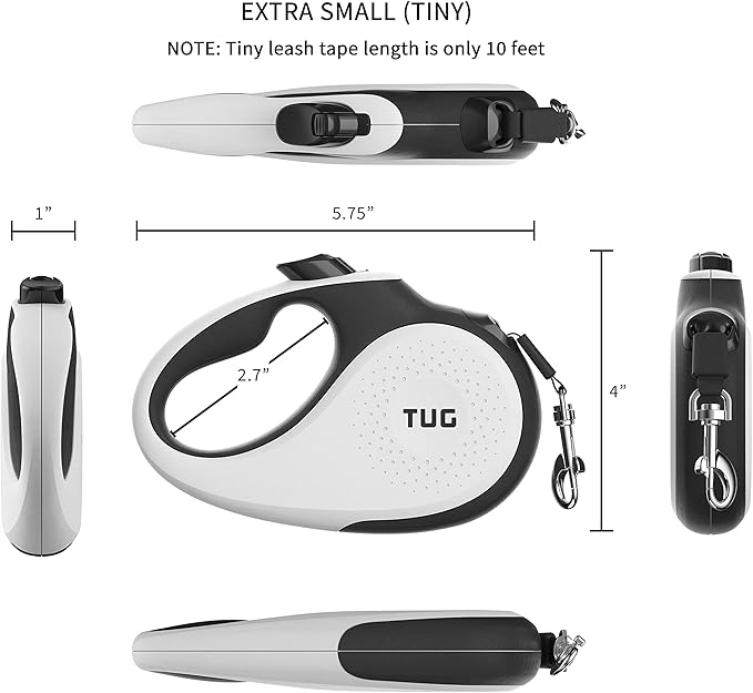 TUG Tiny 360° Tangle-Free Retractable Dog Leash with Anti-Slip Handle | 10 ft Nylon Tape| One-Handed Brake, Pause, Lock (White)