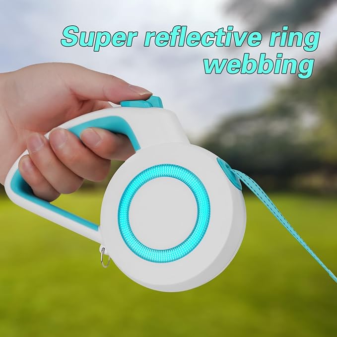 16Ft Retractable Dog Leash,Night Reflection,Light Weight Leash for Small to Medium Dogs/Cats,Stainless SteelSpring,Strong Nylon Tape,One-Handed Brake(Blue-White)