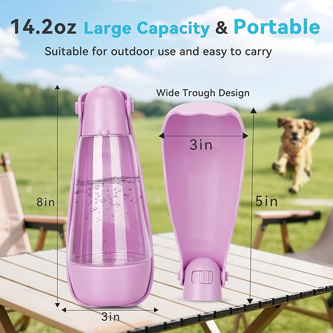 UPSKY Dog Water Bottle | Portable & Foldable Dog Water Bottle | 3-in-1 Portable Pet Water Dispenser with Food Container & Poop Scooper for Outdoor Walking, Hiking & Travel,14.2oz(Pink)