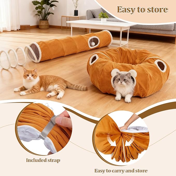 Ownpets 2-in-1 Cat Tunnel, Large Lollipop Shape Cat Tunnel Toy with Fluffy Balls, Spiral Toy, Plush Collapsible Cat Cave Hideout Donut Tunnel for Multi Kitten Puppy Rabbit (Orange)
