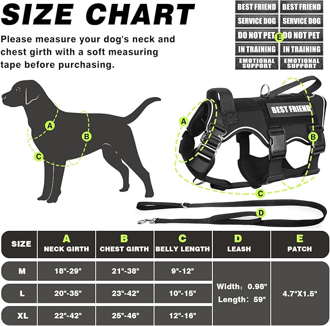 Tactical Service Dog Vest and Leash Set,Heavy Duty Harness with Metal Buckles for Large Dogs,Adjustable No Pull Pet Vest with 10 Patches,for Training Working Hiking,Black L