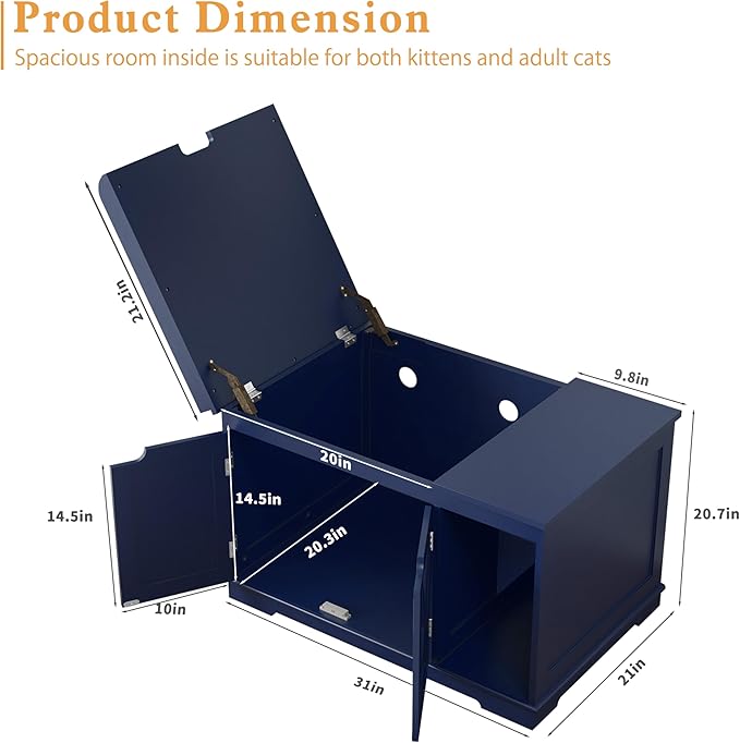Flip Top Cat Litter Boxes Enclosure Covered Litter Box Hidden Furniture Wooden Cat Washroom Cabinet for Kitty, Medium and Large Cat Blue