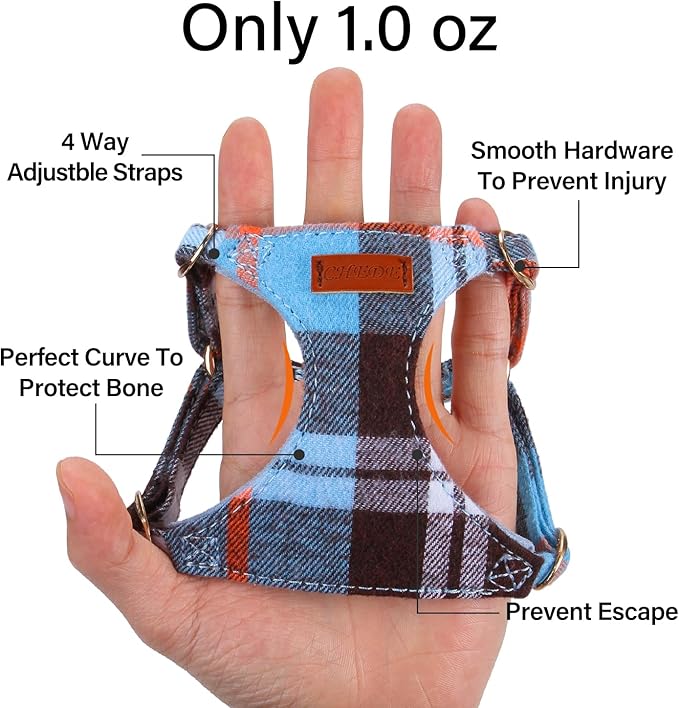 CHEDE No Pull Puppy Harness and Multifunction Dog Leash Set- 8 Colors Soft Adjustable No Choke Escape Proof Cute,Lightweight Pet Vest Harness for Small and Medium Dog (XXS, Blue Grid)