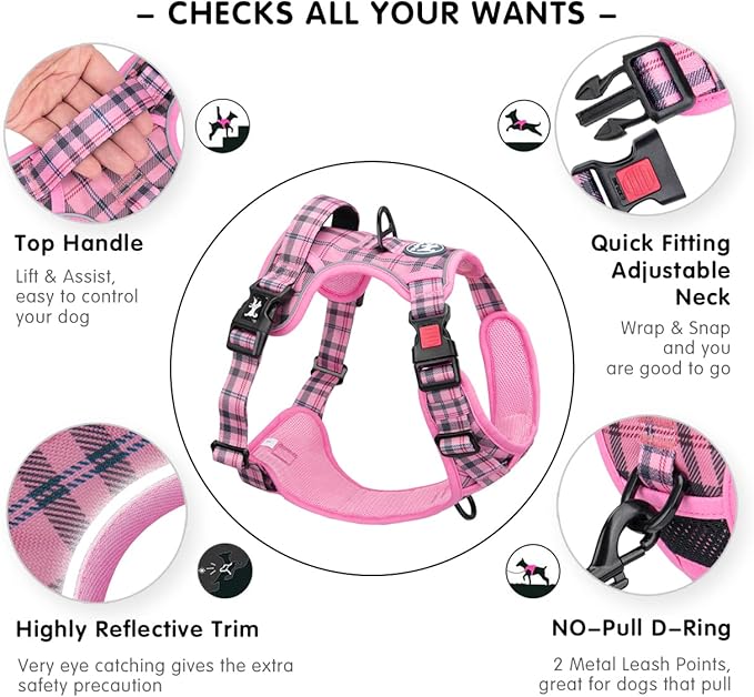 PoyPet No Pull Dog Harness, [Release at Neck] Reflective Adjustable No Choke Pet Vest with Front & Back 2 Leash Attachments, Soft Control Training Handle for Medium Dogs(Checkered Pink,M)