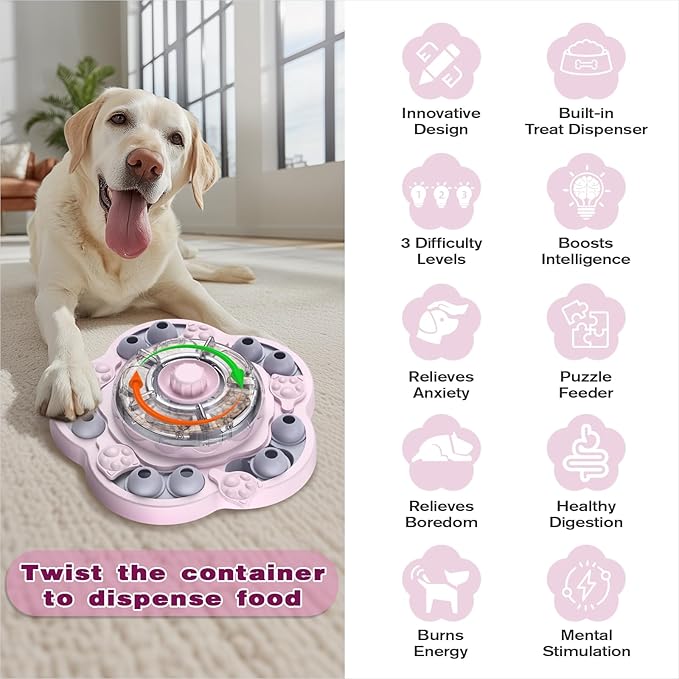 KADTC U.S. Brand & Design -3 Levels of Challenge Spinning Dog Puzzle Toy for Small/Medium/Large Dogs Puzzles Feeder Treat Slow Dispenser Puppy Food Feeding Enrichment Pink Toys Christmas New Year Gift