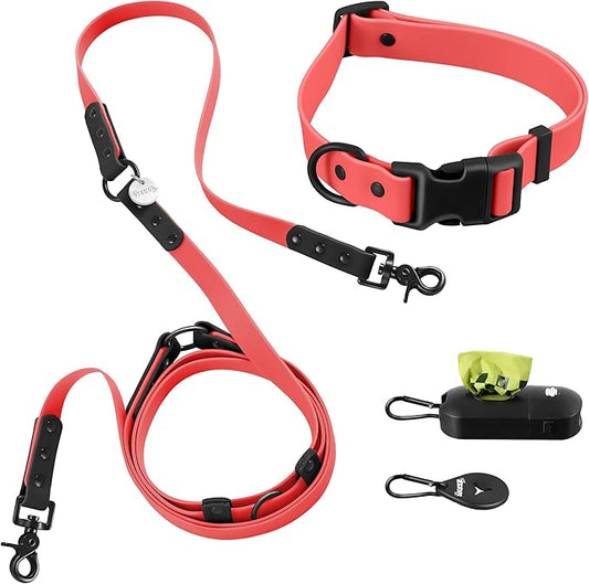 WLK1006M-5SET Luna Large 8FT Adjustable 6-in-1 Waterproof Hands-Free Leash and Collar with LED Flashlight, Bag Dispenser, and Poop Bag Holder, Shirley