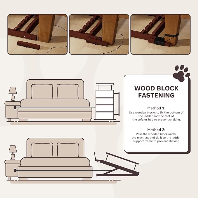 Walnut Wooden Dog Ramp for Bed Folding Pet Ramp for Dogs,Including Non Slip Mat & Safety Side Rails Adjustable Dog Bed ramp from to Up to 132 lbs